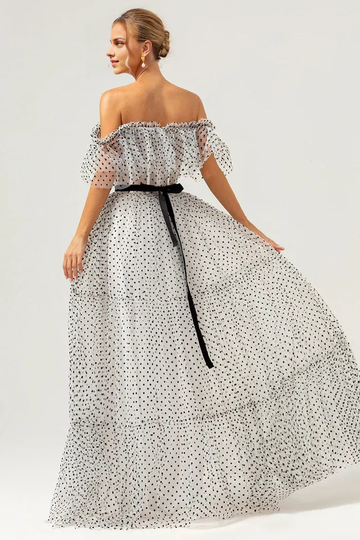 Robe Weitese blanche et noire, coupe trapèze, épaules dénudées, robe de bal longue, robe de soirée à pois